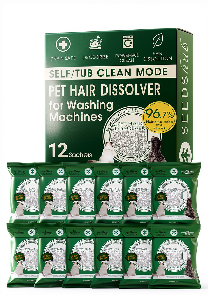 Seedshub Pet Hair Remover sachets next to a washing machine