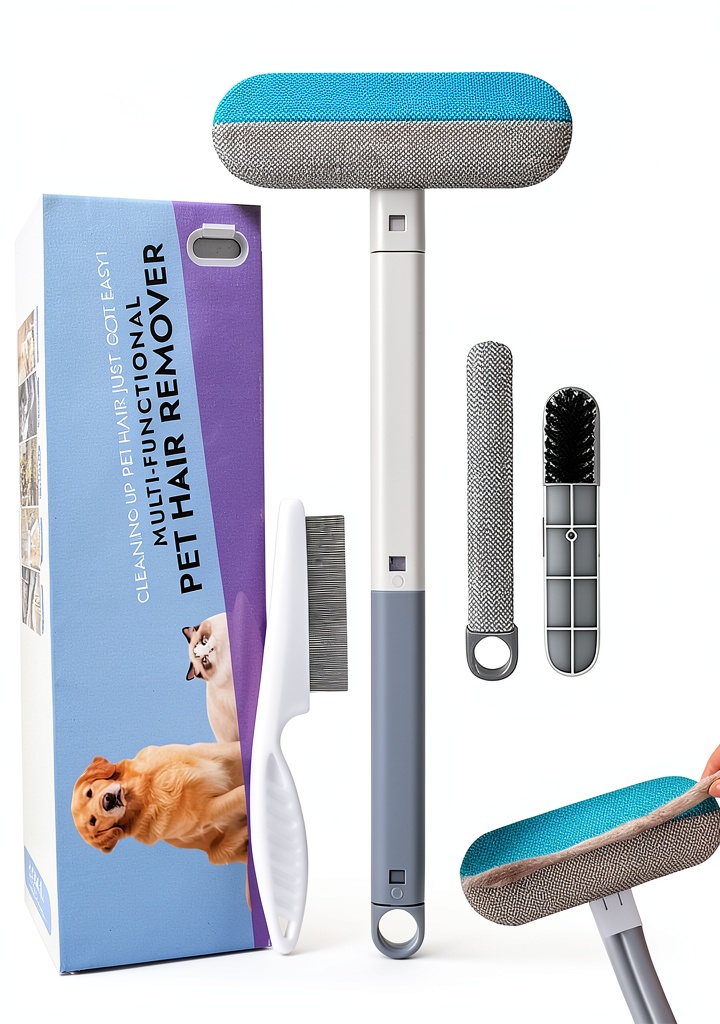 Zyluria pet hair remover brush being used on a car seat with a golden retriever
